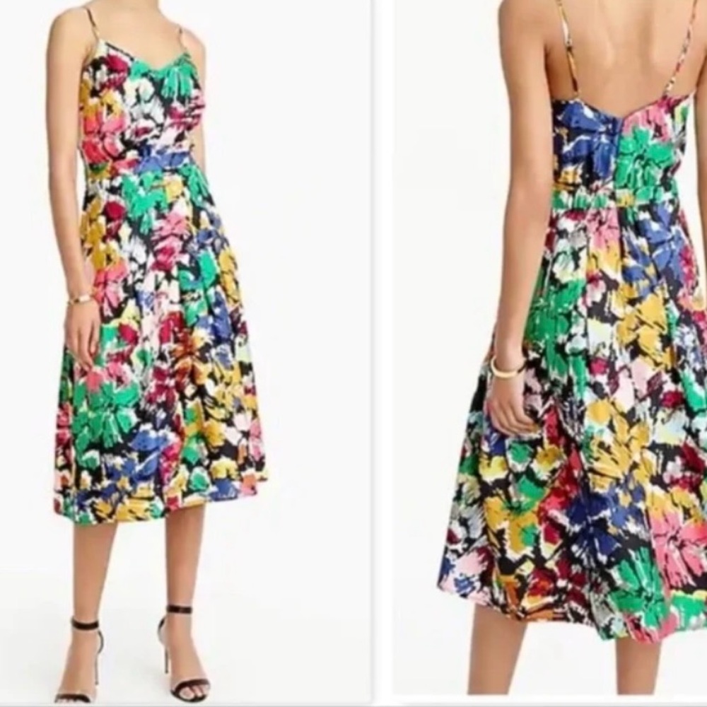 NWT J. Crew Spaghetti-Strap Silk Dress In Colorful Brushstroke Print